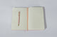 Blush pink vegan leather notebook with gold phrase FEMINIST AGENDA in metallic gold, interior notebook has lined pages