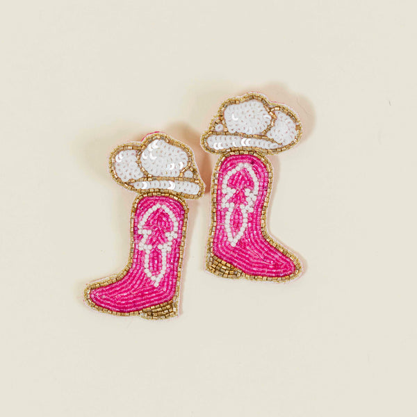 pink beaded cowboy boot and hat statement earrings