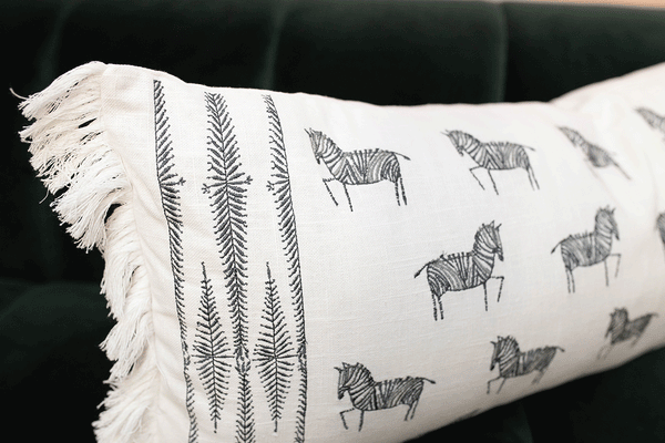 embroidered embroidery zebra pillow fringe white black global African safari boho lumbar
