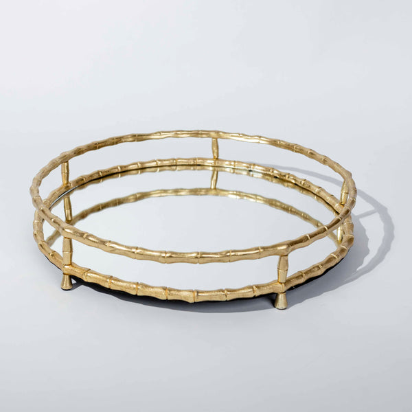 Gold circular bamboo tabletop tray with mirror bottom