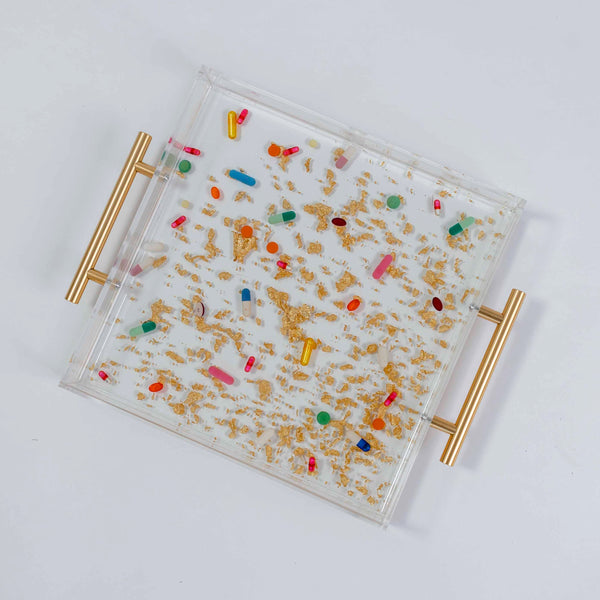 pill and gold foil embedded acrylic tray with resin gloss and gold handles