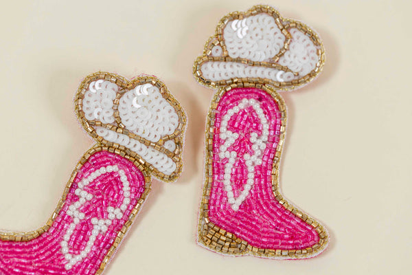 pink beaded cowboy boot and hat statement earrings