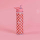 Clear acrylic water bottle with red checkerboard pattern, free floating glitter, and pink lid with folding straw, made by Golden Gems