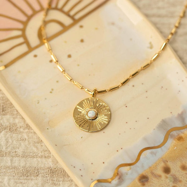 gold sunburst medallion coin necklace opal delicate jewelry