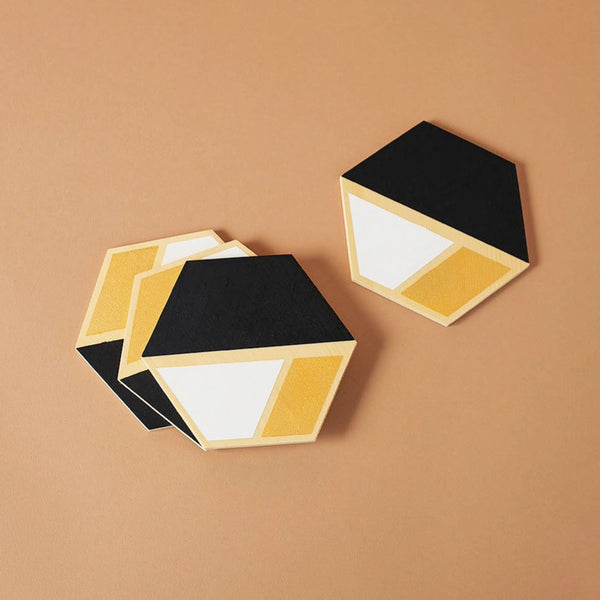 geometric hexagon coasters black gold white