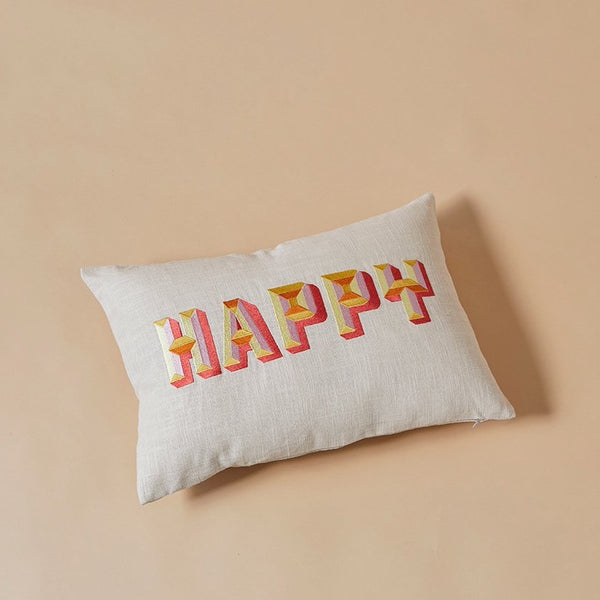 Happy! Embroidered Pillow
