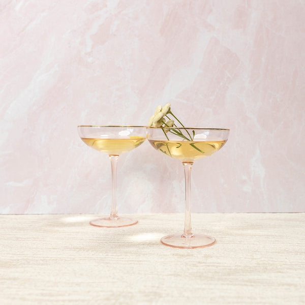 blush pink coupe glass champagne set gold rim Estelle colored glass